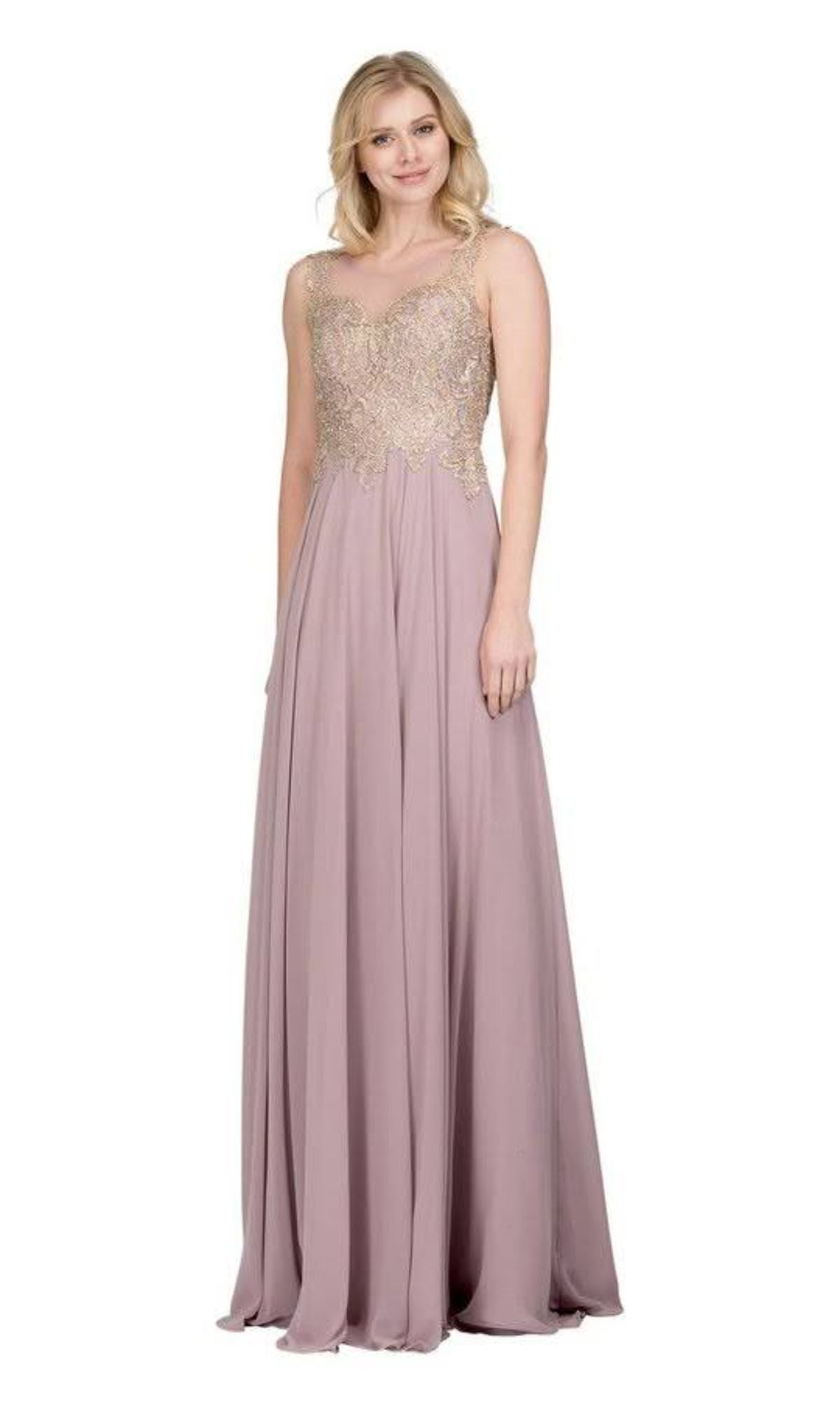 A woman models the Chicas C9156 Gold-Lace Bodice Long Prom Dress in lavender, showcasing gold embroidered lace on the bodice, against a white background.